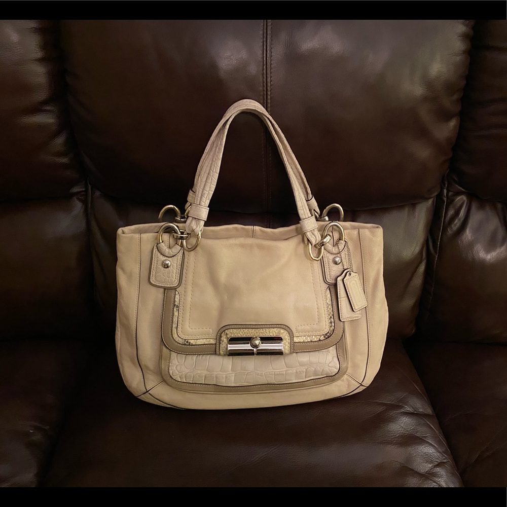 Coach Snakeskin Detail Leather Tote